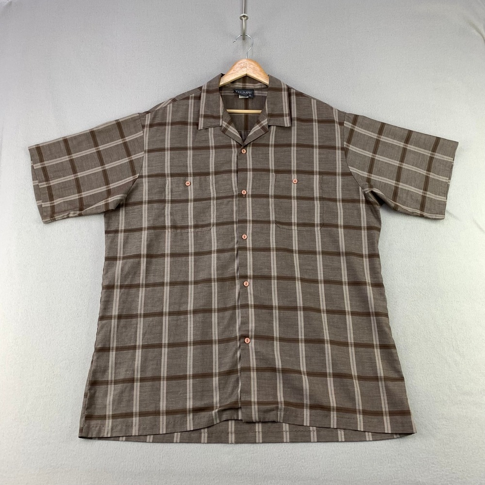 Vintage Triumph California Camp Shirt Mens XL Brown Plaid Short Sleeve Retro OG